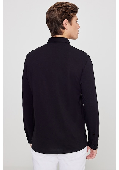 AC&Co / Altınyıldız Classics Erkek Sıyah Pamuklu Tailored Slim Fit Dar Kesim Düğmeli Yaka Örme Gömlek Siyah