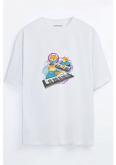 Dj Kedi Baskılı Unisex Beyaz Oversize T-shirt Beyaz Dj Kedi Baskılı Unisex Beyaz Oversize T-shirt Beyaz