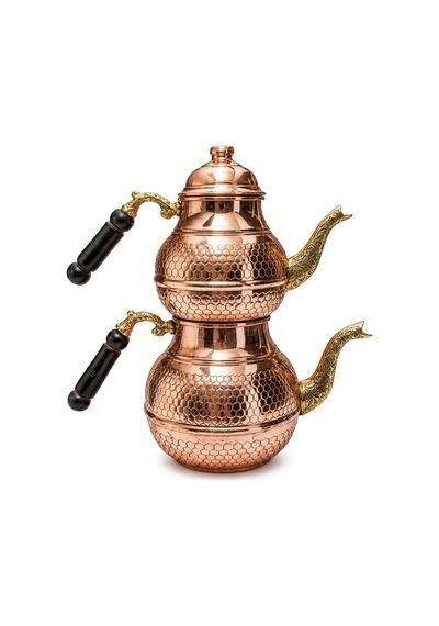 Aura Copper El İşlemeli Bakır Çaydanlık Seti 1 Mm Üst 850-950 Ml Alt 1850-1950 Ml 27 Cm Eskitme Bakır