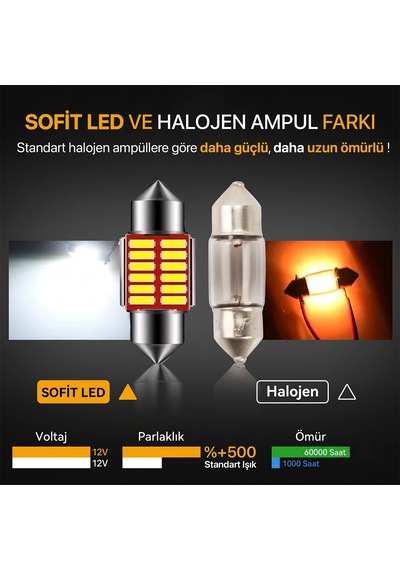 12 Ledli 39mm Sofit Led Ampül Beyaz Işık 12v C5w