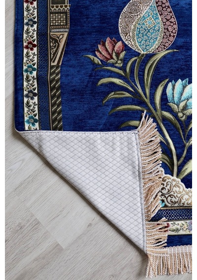 Lale Desenli Astarlı Lüks Seccade S1002 Gri Lacivert