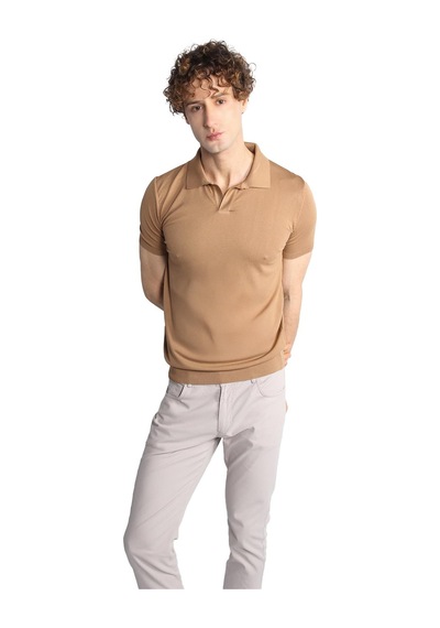İgs Vizon Slim Fit Dar Kalıp Polo Yaka Düz Kısa Kollu Triko Tişört-16332 Bej