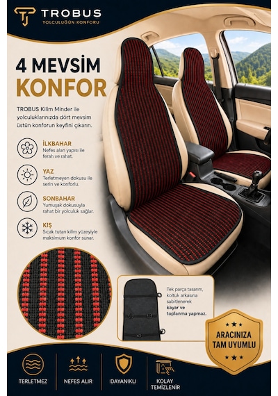 Toyota Rav4 2019 Ve Sonrası Üniversal Örme Ön 2 Parça Minder Terletmez Kaymaz Taban Siyah Kırmızı