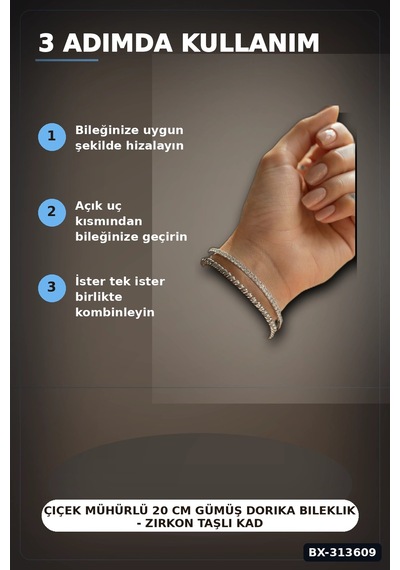 Bay Çiçek Mühürlü 20 Cm Gümüş Dorika Bileklik - Zirkon Taşlı Kadın Pirinç Takısı Bx-313609 Najmaddin Standart