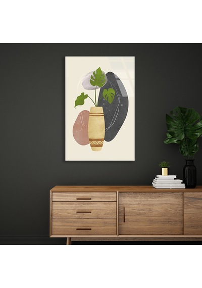 Monstera Yaprağı Ve Vazo Minimalist - Cam Tablo - Deg0570 60 X 90 Cm