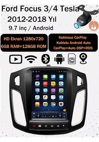 Ford Focus 3/4 2012-2018 9.7 Inç Tesla Tarzı Ekran 6gb Ram 128gb Rom Android 14 Multimedya Navigasyon Kablosuz Carplay 9.7''