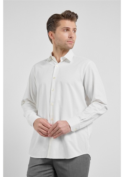 İmza Krem Sert Yaka Uzun Kol Cepsiz Comfort Fit Pamuklu Gömlek 1004255914