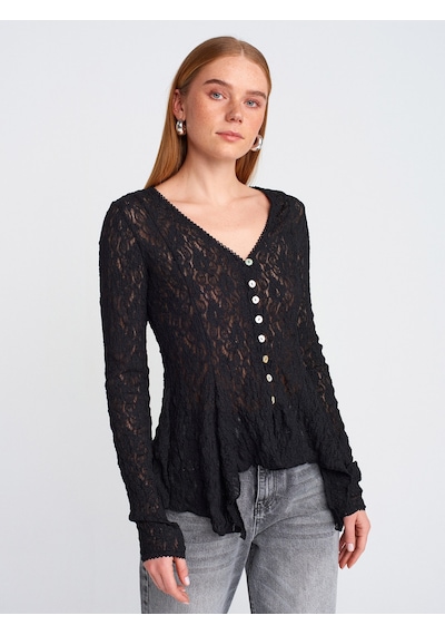 Dilvin 60433 Düğmeli Peplum Dantel Hırka-siyah Siyah