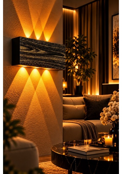 Siyah Gold Ahşap Desenli 12w 2200k Amber Işıklı 3 Gözlü Yukarı Aşağı Dekoratif Duvar Apliği 16 Cm Amber Işık