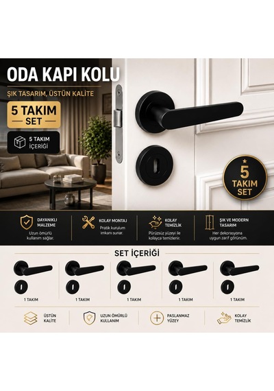5 Takım Set Kayı Mat Siyah Rozetli Oda Kapı Kolu Sağa Sola Uyumlu Modern Kapı Takımı Kolları