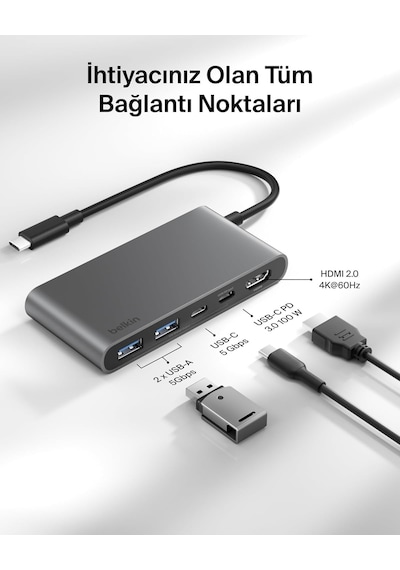 Belkin Usb-c Hub, 5 Portlu, 60 Hz'de 4k Hdmı Ekran Desteği, 100w Güç İletimi, 5gbps Usb-c Çoklu Port Adaptörü, Gri