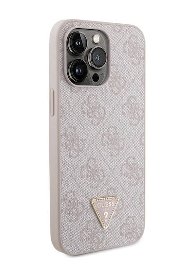 Apple Uyumlu iPhone 14 Pro Max Kılıf Guess Lisanslı Pu Deri Taşlı Metal Üçgen Logolu Çapraz Vücut Askılı Pembe