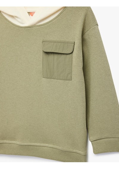 Koton Kapaklı Cep Detaylı Pamuklu Bisiklet Yaka Uzun Kollu Kapşonlu Sweatshirt Haki 7wmb10017tk