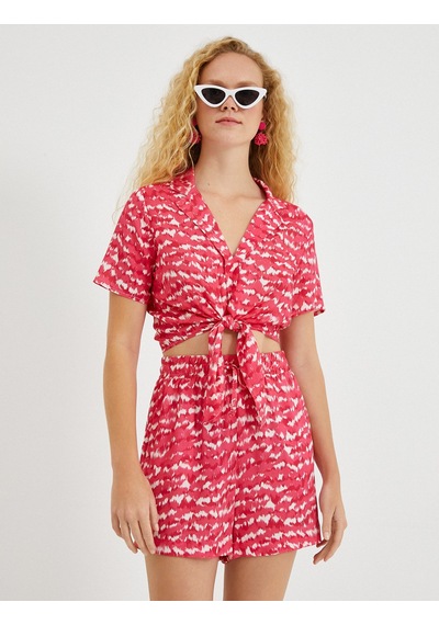 Koton Desenli Crop Bluz Bağlama Detaylı Gömlek Yaka Pembe Desenli 2sak60265pw