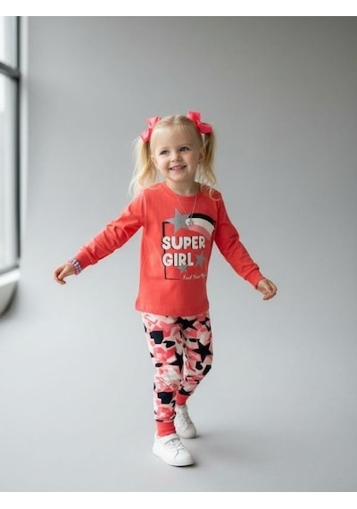 Kız Çocuk Super Girl Yazılı Simli Baskılı Uzun Kollu Pijama Takımı-16828 Pembe