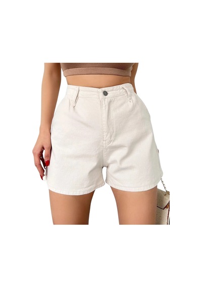 Mini Denim Şort Cepli -krem