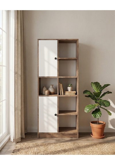 Linea Kitaplık Kapaklı 8 Raf Beyaz Ahşap