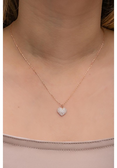 Nereze 925 Ayar Gümüş Rose Kaplama Zirkon Taşlı Minimal Kalp Kolye