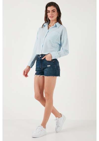 Lela Regular Fit Çizgili Göğüs Cepli Dokulu Bayan Gömlek 6772870 Bebe Mavi