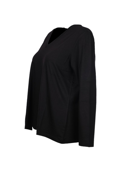 Faik Sönmez Kadın Oversize V Yaka Uzun Kol Minimalist T-shirt Siyah
