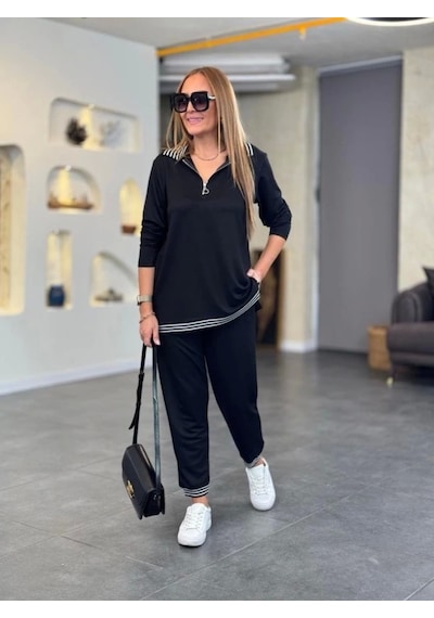 Defymoda Kadın Uzun Kollu Ribana Ve Fermuar Detay Bluz Ve Yüksel Bel Pantolon 2li Takım Siyah