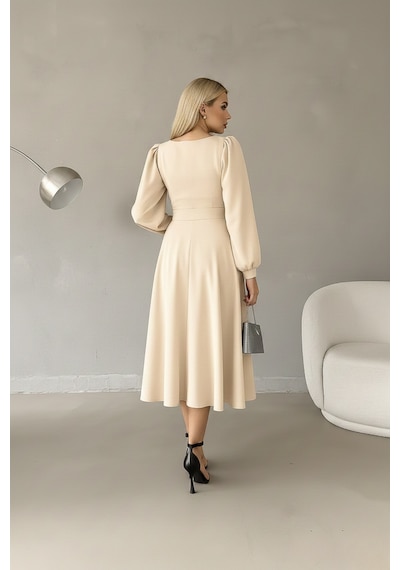 Defymoda Kadın Gün Boyu Rahat Midi Elbise Bej