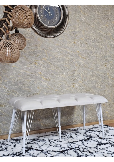 Zafir Metal Beyaz Tel Ayaklı 100 Cm Puf Bench - Puf - Bench - Oturak - Mutfak Oturağı - Antre Oturağı Krem