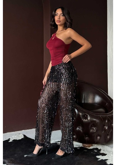 Verymoda Pullu Tül Pantolon F1611 Siyah