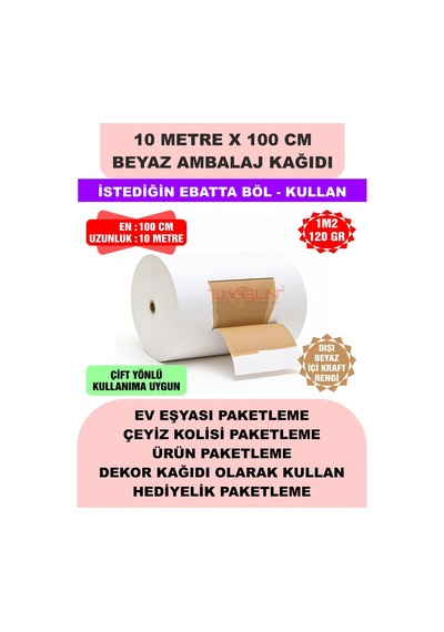 100 Cm X 10 Metre Bobin Beyaz Ambalaj Kağıdı Çift Yönlü, Ev Eşyası, Çeyiz, Hediye, Ürün Paketleme
