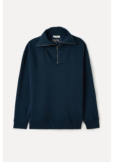 Mudo Erkek Erkek Lacivert Loose Fit Fermuarlı Dik Yaka Nakışlı Sweatshirt 1264396