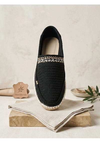 Orifkozmo %100 El Yapımı El Örgüsü Erkek Espadril & Hafif Casual Yazlık Ayakkabı Siyah