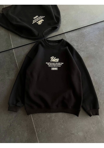 Kışlık Bisiklet Yaka Ön Ve Arka Baskılı Sweatshirt - Siyah Siyah