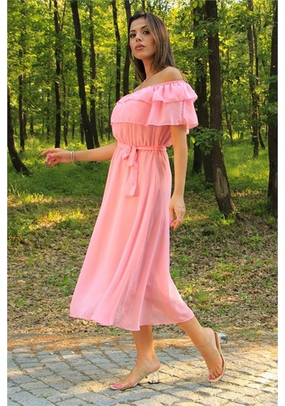 Neşeli Butik Kadın Pembe Kuşaklı Madonna Yaka Baby Shower Elbise Nb8060 Pembe