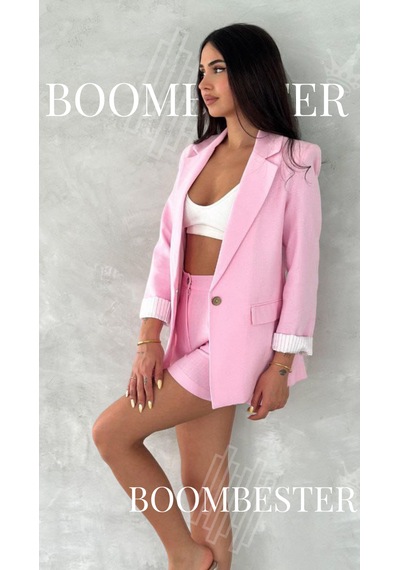 Boombester Kadın Flam Keten Astarlı Blazer Ceket Çizgili Astar Detay Rahat Kalıp İnce Ceket Pembe Boombester Kadın Flam Keten Astarlı Blazer Ceket Çizgili Astar Detay Rahat Kalıp İnce Ceket Pembe