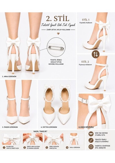 Craft Moda Kadın Arkası Açık Fiyonklu Stiletto Çıkarılabilir Fiyonk Detaylı İnce Topuklu Abiye Ayakkabı Beyaz