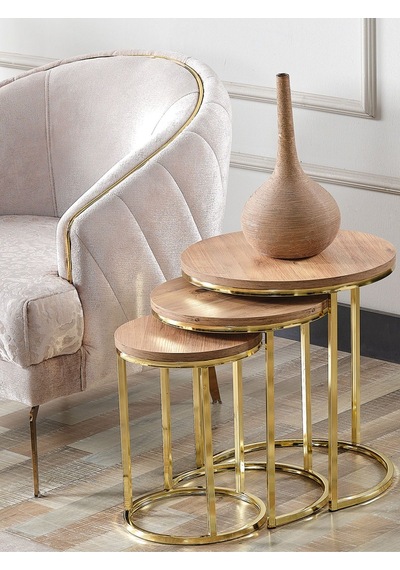 3' Lü Açık Ceviz Ahşap Gold Metal Sehpa