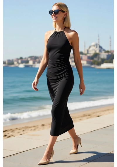 Benerly Kadın Halter Yaka Bodycon Midi Elbise İnce Askılı Astarsız Sandy Siyah