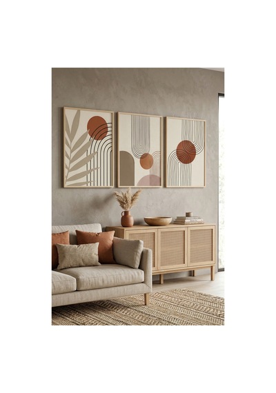 Doğal Ahşap Çerçeveli Boho Soyut Duvar Tablosu 3 Lü Set Geometrik Terracotta Ahşap