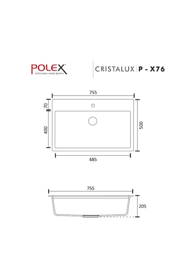 Polex Cristalüx Granit Evye P-X76 Yeşil Tezgah Altı Ve Tezgah Üstü Mutfak Evyesi 75x50 CM