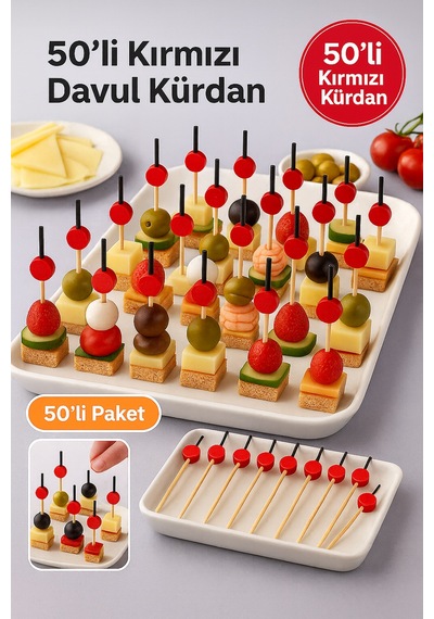 50 Li Kırmızı Yuvarlak Davul Kürdan 12 Cm Parti, Sunum, Kanape, Kokteyl Ve Peynir Tabağı İçin Dekoratif Kürdan
