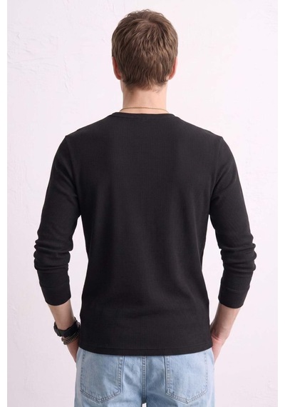Barrels And Oıl Erkek Yaka Düğmeli Uzun Kollu T-shirt - Siyah Siyah