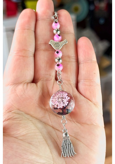 Cam Nazar Boncuğu Metal Kuş Araba Dikiz Ayna Süsü Pembe Yaşayan M