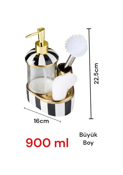 Büyük Boy Cam Hazneli Porselen Mutfak Set Sıvı Sabunluk Çizgili 900ml 40082 Diğer