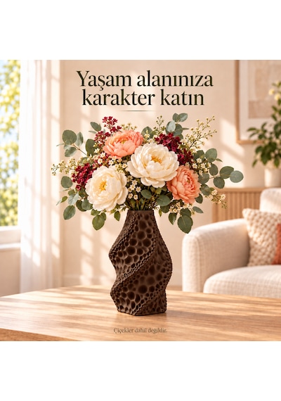 Dekoratif Vazo Burgu Formlu Taş Dokulu Modern Kuru Çiçeklik Kahverengi