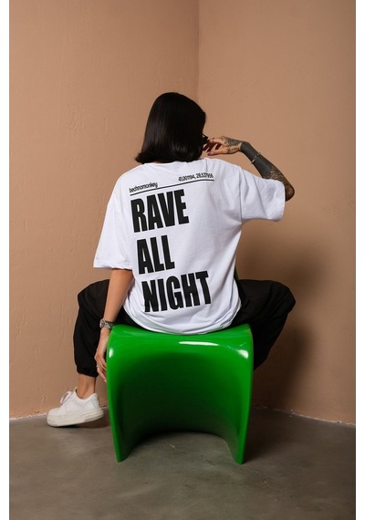 Technomonkey Unisex Beyaz Oversize Rave All Night Baskılı Techno Tişört