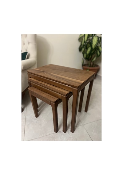 Ant Home Mono Zigon Sehpa Üçlü Lüx %100 Ağaç Lake Boyalı Sehpa Ceviz