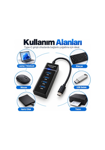 Gabble Type-c Usb 3.0 Hub 4 Port 5gbps 27 Cm Kablolu Led Usb Çoklayıcı