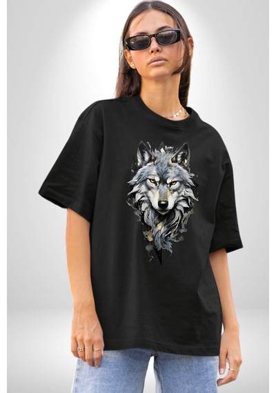 Beyaz Kurt Pamuklu Bisiklet Yaka Unisex Oversize Boyfriend Dijital Baskılı Siyah T-shirt Siyah