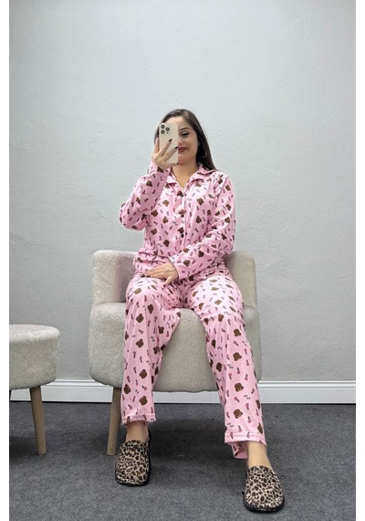 Belendir Kadın Süet Düğmeli Pijama Takımı Pembeçiçek Pembe
