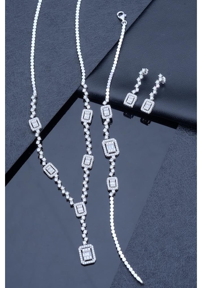 925 Ayar Gümüş Kadın Baget Taşlı Elegant Set